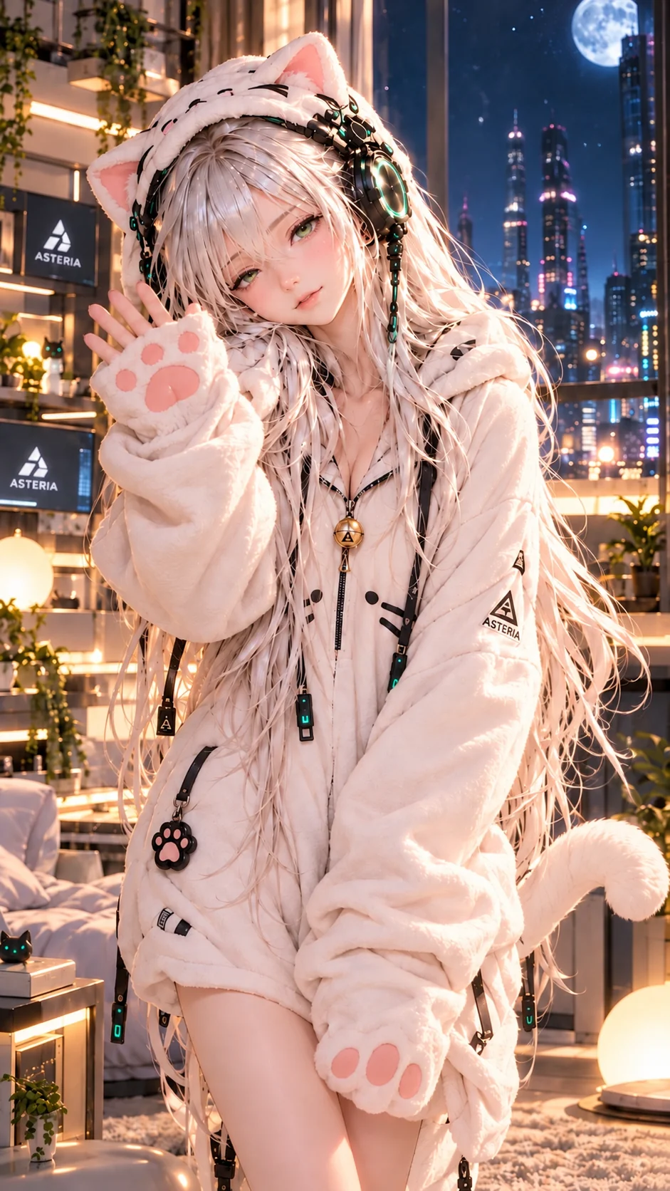 白い猫耳ルームウェアと肉球ミトンを身に着けたアルマ。銀白色の髪と緑色の瞳。